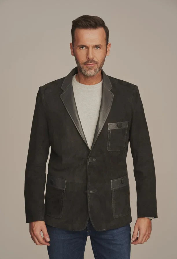 Sowachi Men's Black Suede Leather Blazer