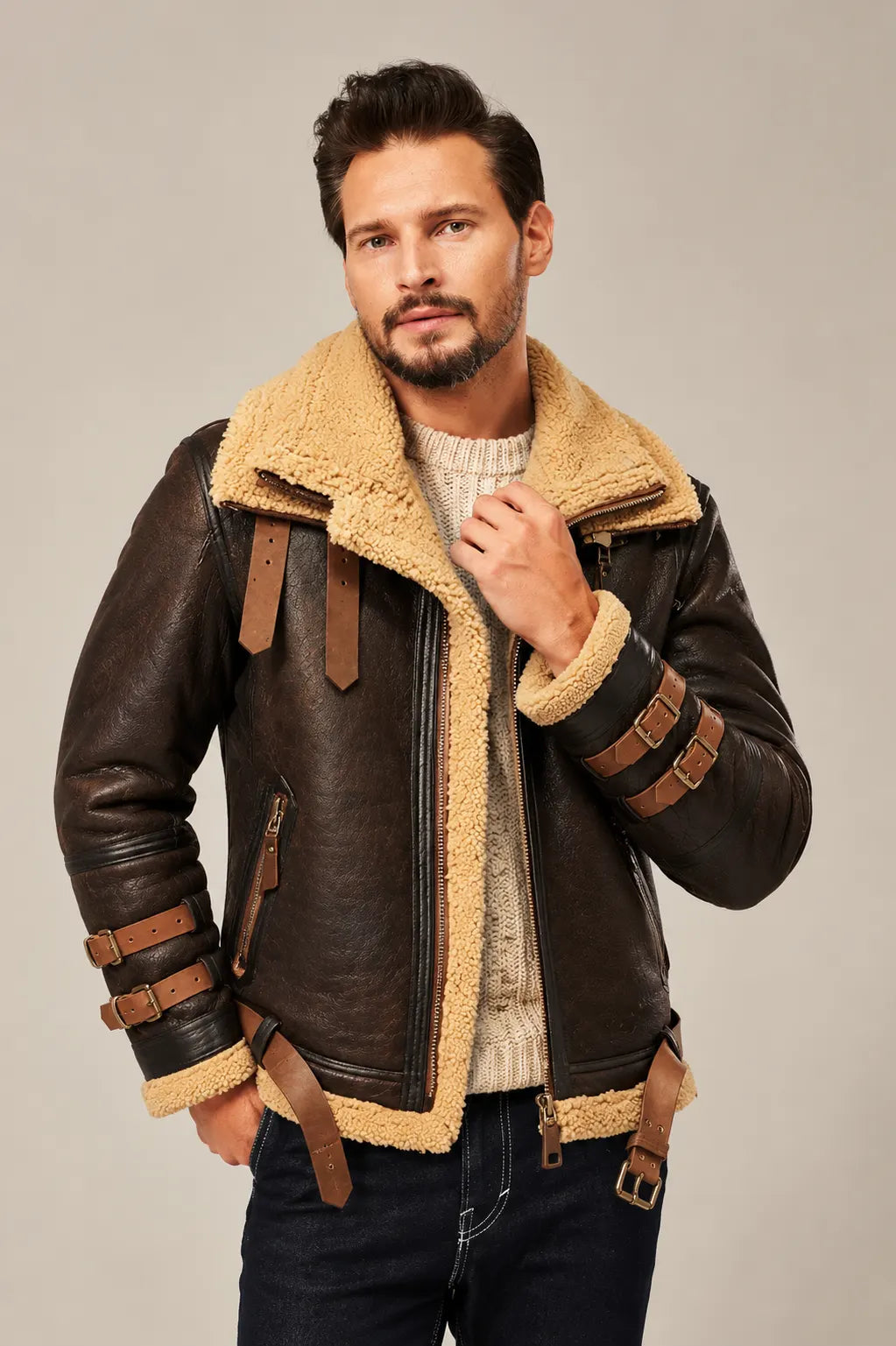 Sowachi Men's B3 Bomber Flight Sheepskin Aviator Shearling Leather Jacket