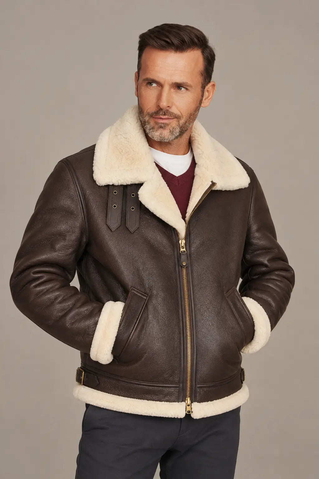Sowachi Men's Brown Aviator B3 Bomber Leather Jacket