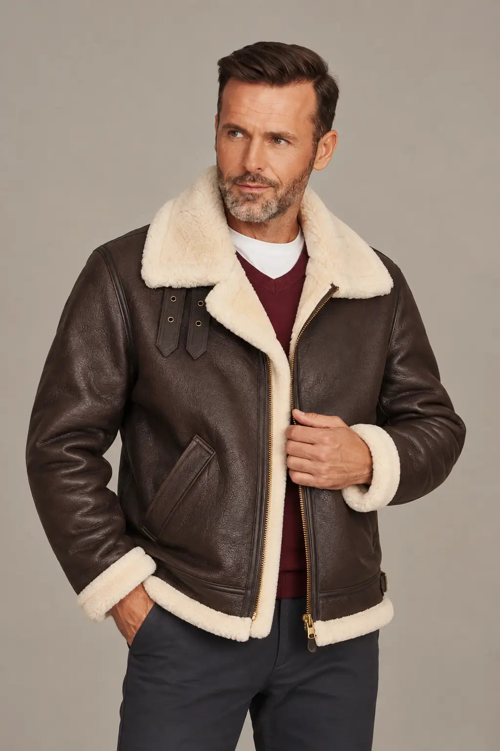 Sowachi Men's Brown Aviator B3 Bomber Leather Jacket