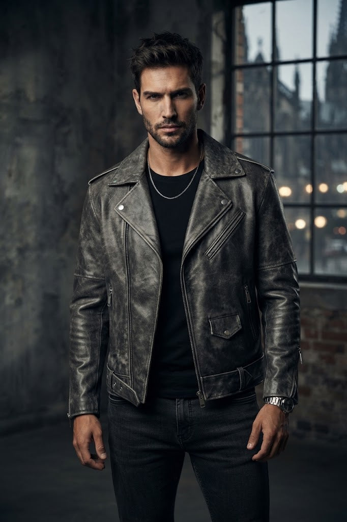Sowachi Men's Gray Leather Biker Jacket