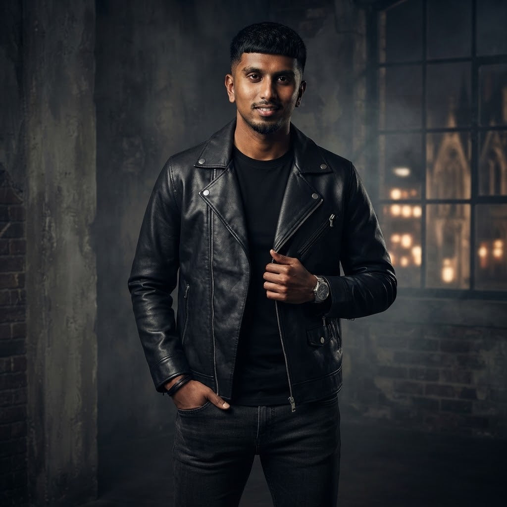 Sowachi Men's Sheepskin Black Biker Style Leather Jacket