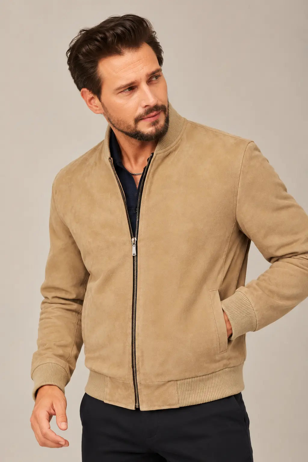 Sowachi Men's Camel Brown Real Suede Leather Bomber Jacket
