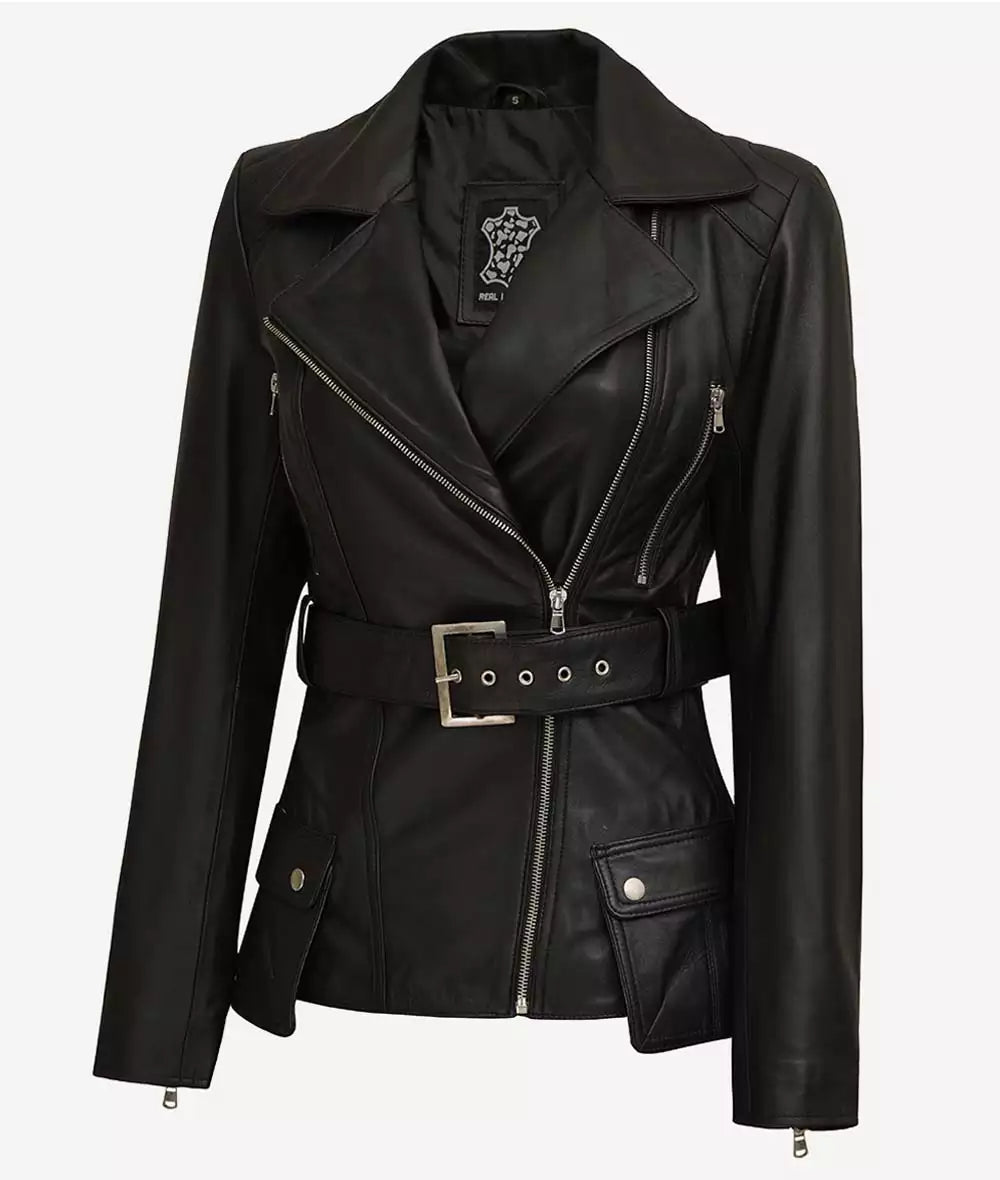 Sowachi Women's Black Belted Long Biker Style Lambskin Leather Jacket
