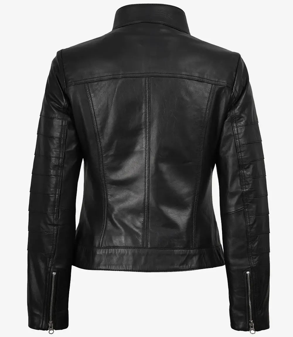 Sowachi Women's Biker Style Black Lambskin Leather Jacket