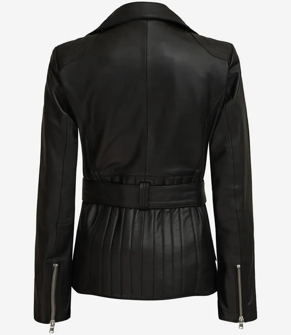 Sowachi Women's Black Belted Long Biker Style Lambskin Leather Jacket