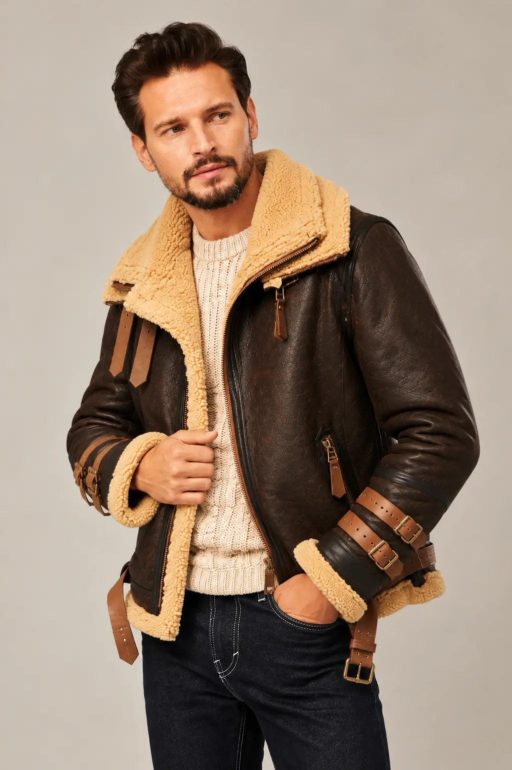 Sowachi Men's B3 Bomber Flight Sheepskin Aviator Shearling Leather Jacket