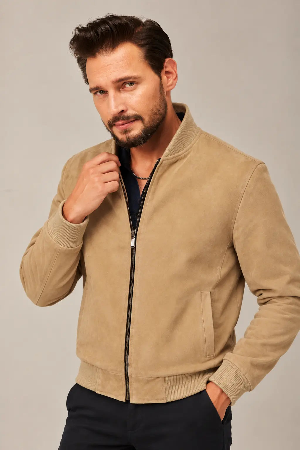 Sowachi Men's Camel Brown Real Suede Leather Bomber Jacket