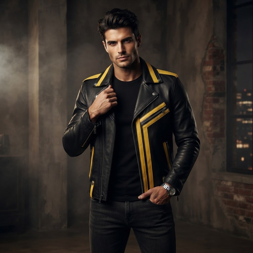 Sowachi Men's Black Sheepskin Leather Biker Jacket