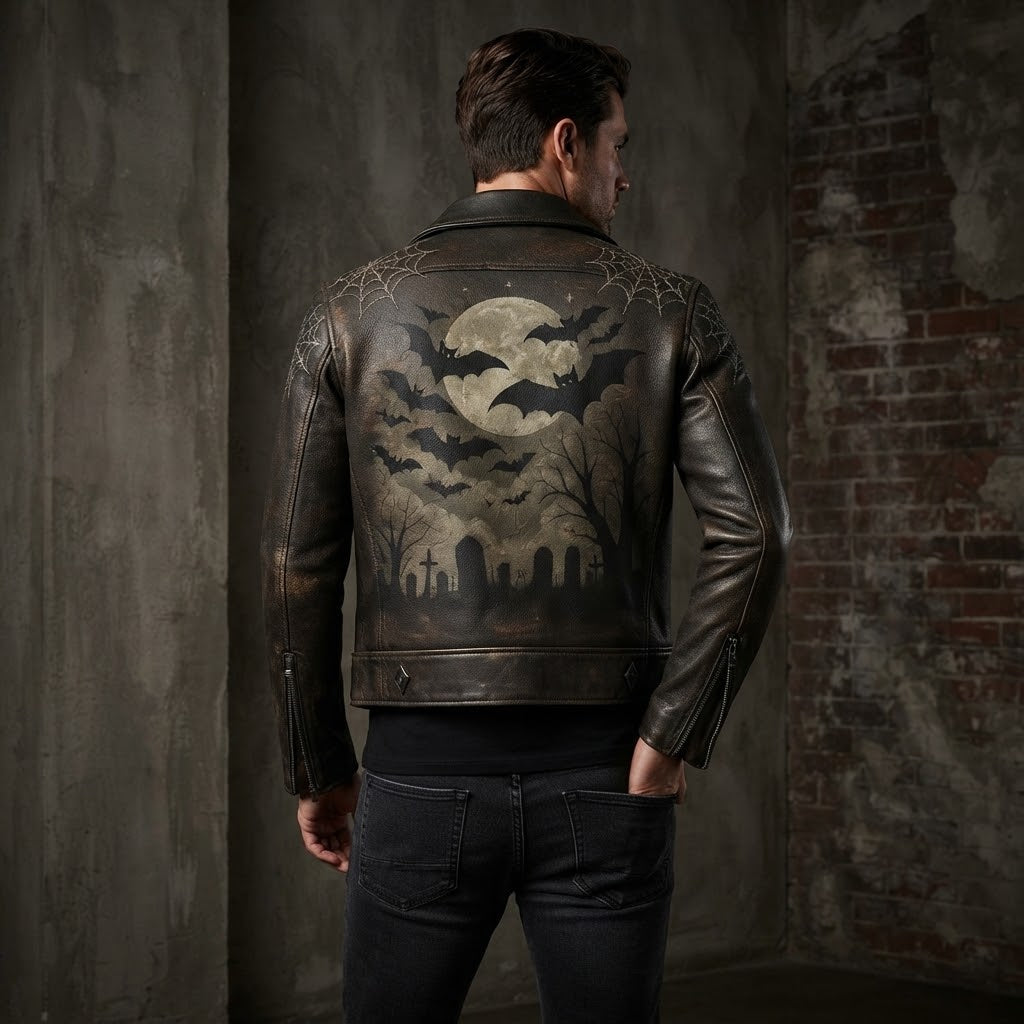 Sowachi Men's Dark Brown Halloween Sheepskin Leather Biker Jacket