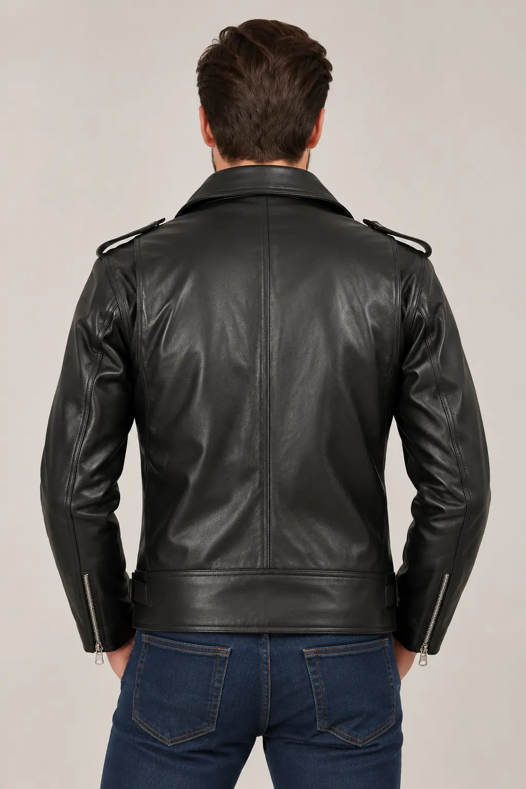 Sowachi Men's Black Asymmetrical Belted Biker Leather Jacket