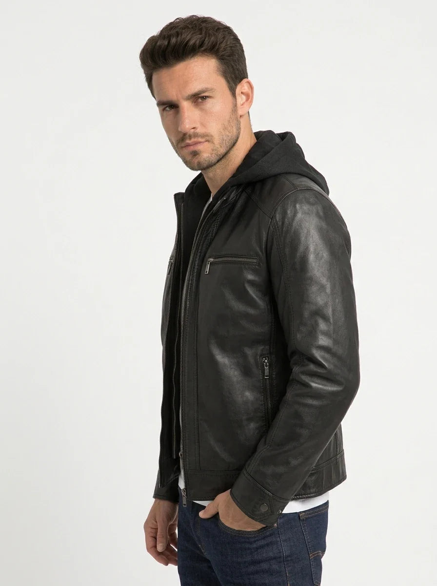 Sowachi Men's Black Hooded Leather Jacket with Detachable Hood