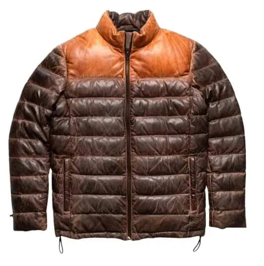 Sowachi Men's Real Sheepskin Leather Brown Puffer Jacket