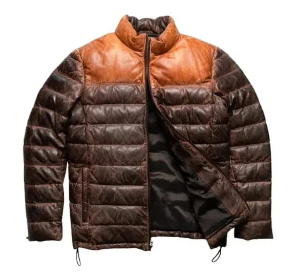 Sowachi Men's Real Sheepskin Leather Brown Puffer Jacket