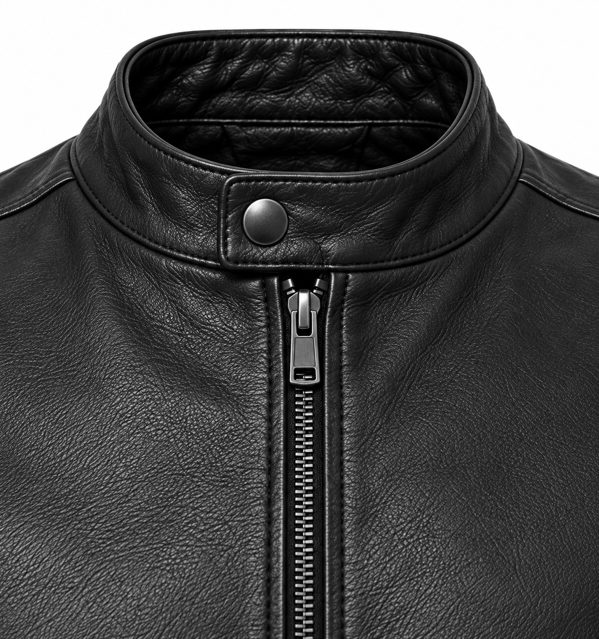 J001 collar zipper and leather detail
