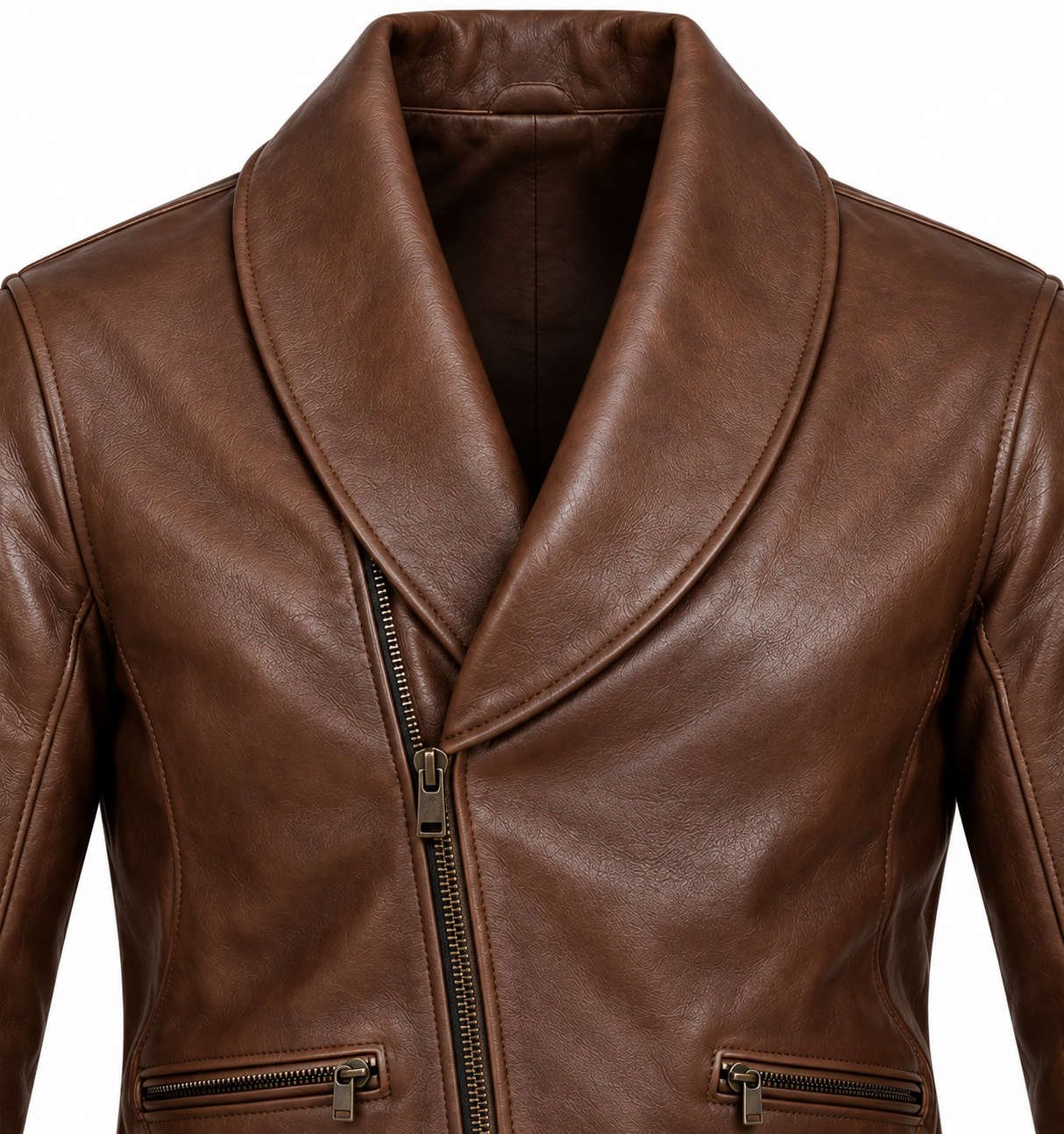 J032 brown leather jacket detail view
