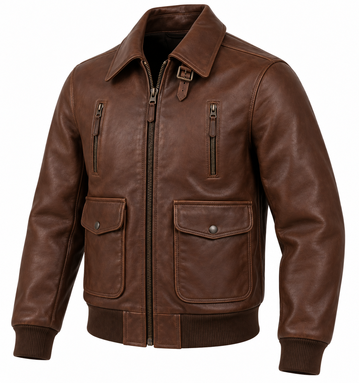 J033 brown leather jacket angle view