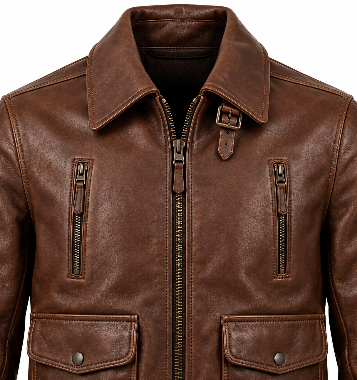 J033 brown leather jacket detail view
