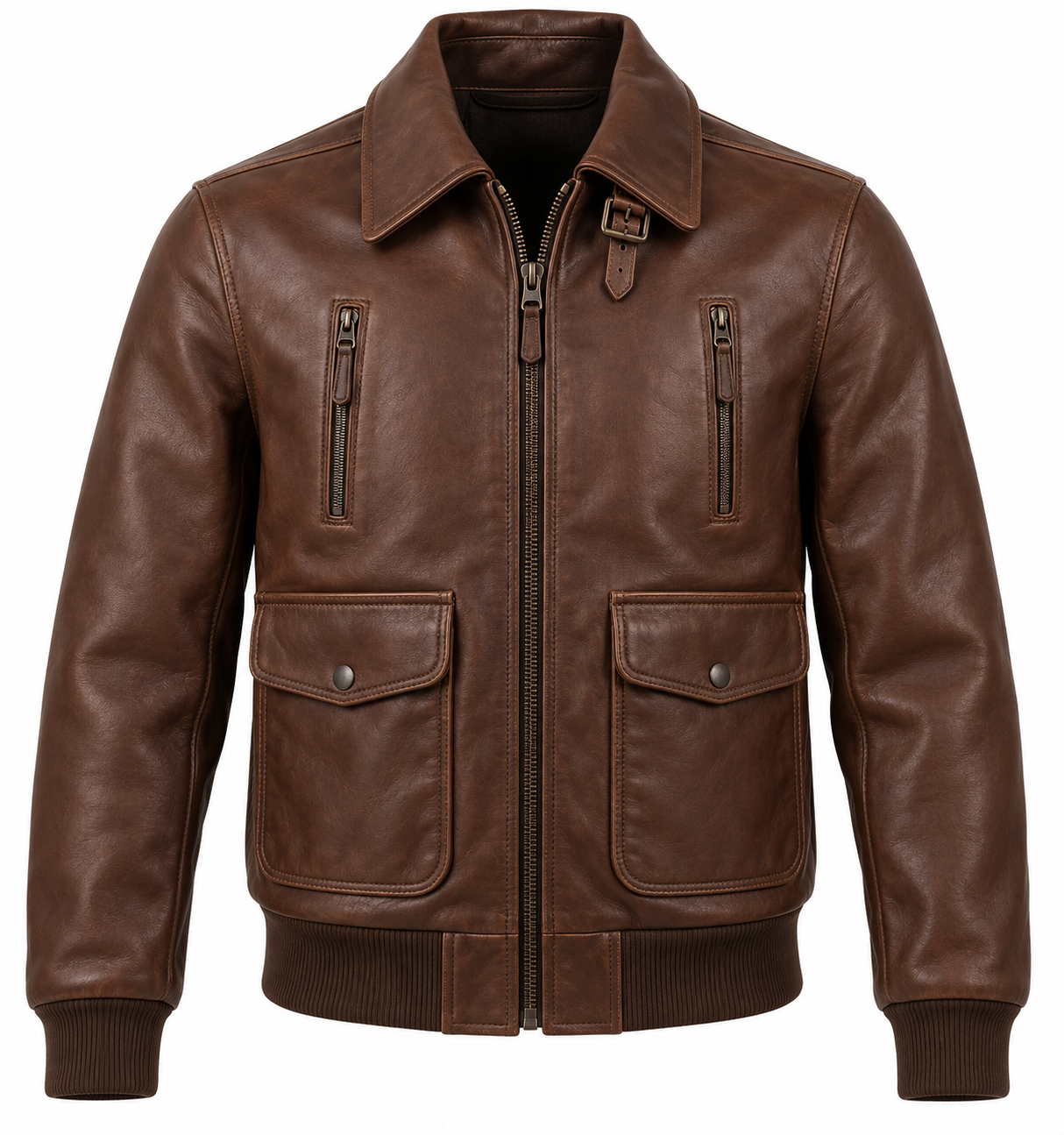 J033 brown leather jacket front view