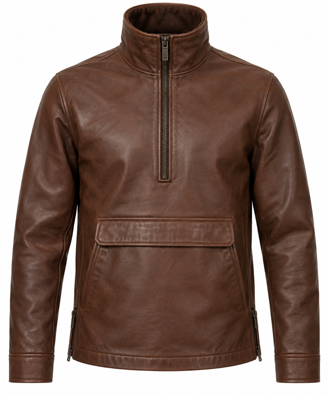 J035 brown leather jacket front view