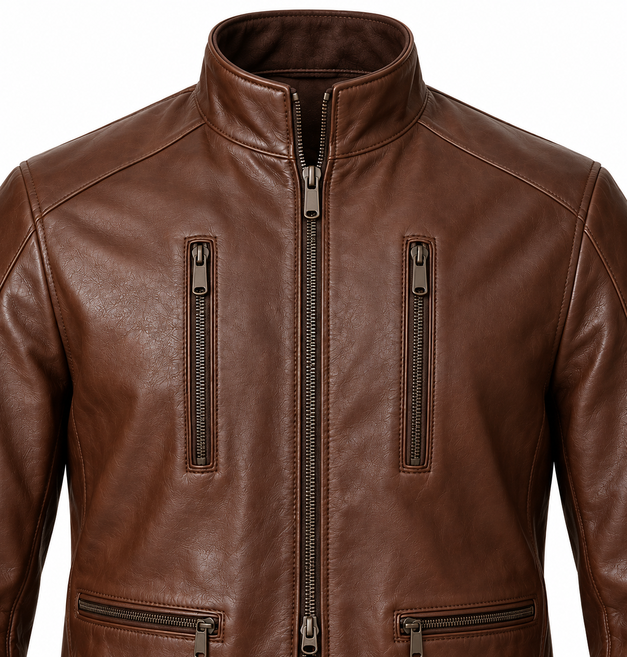 J036 brown leather jacket detail view