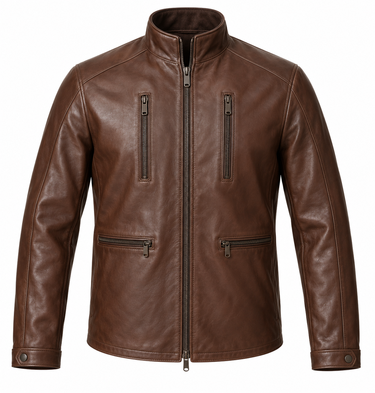 J036 brown leather jacket front view
