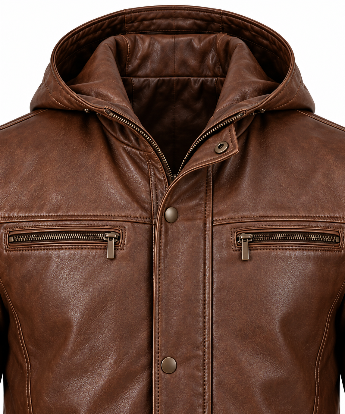 J037 brown leather jacket detail view
