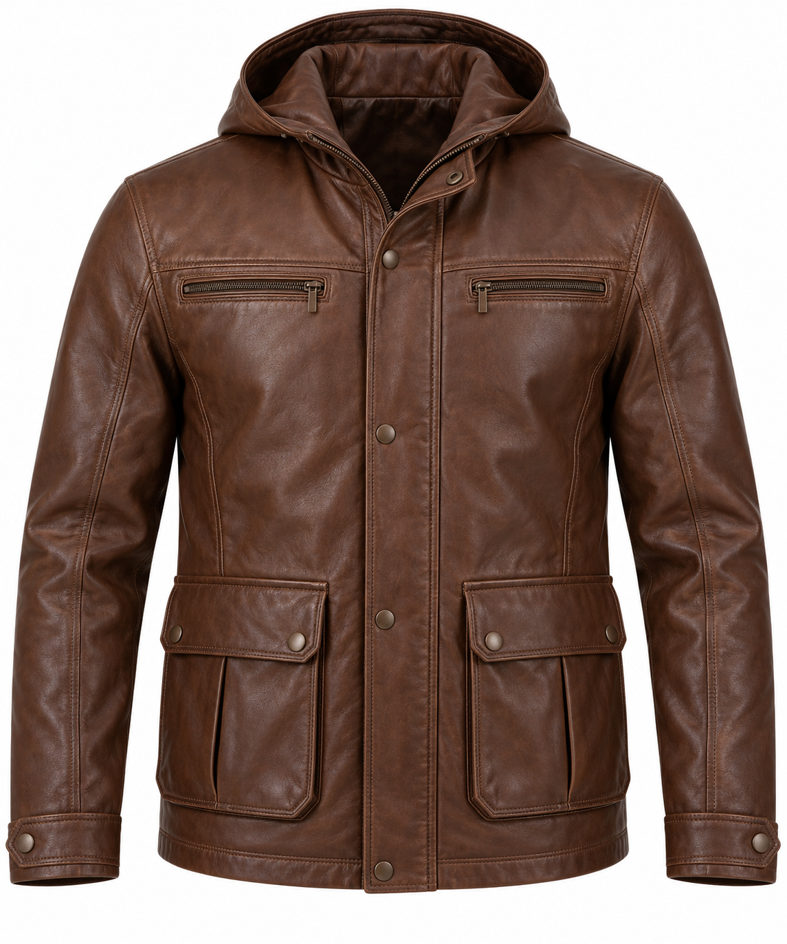 J037 brown leather jacket front view