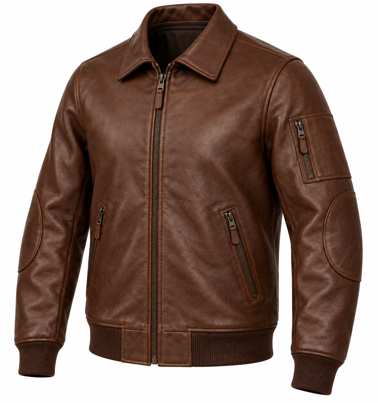 J038 brown leather jacket angle view
