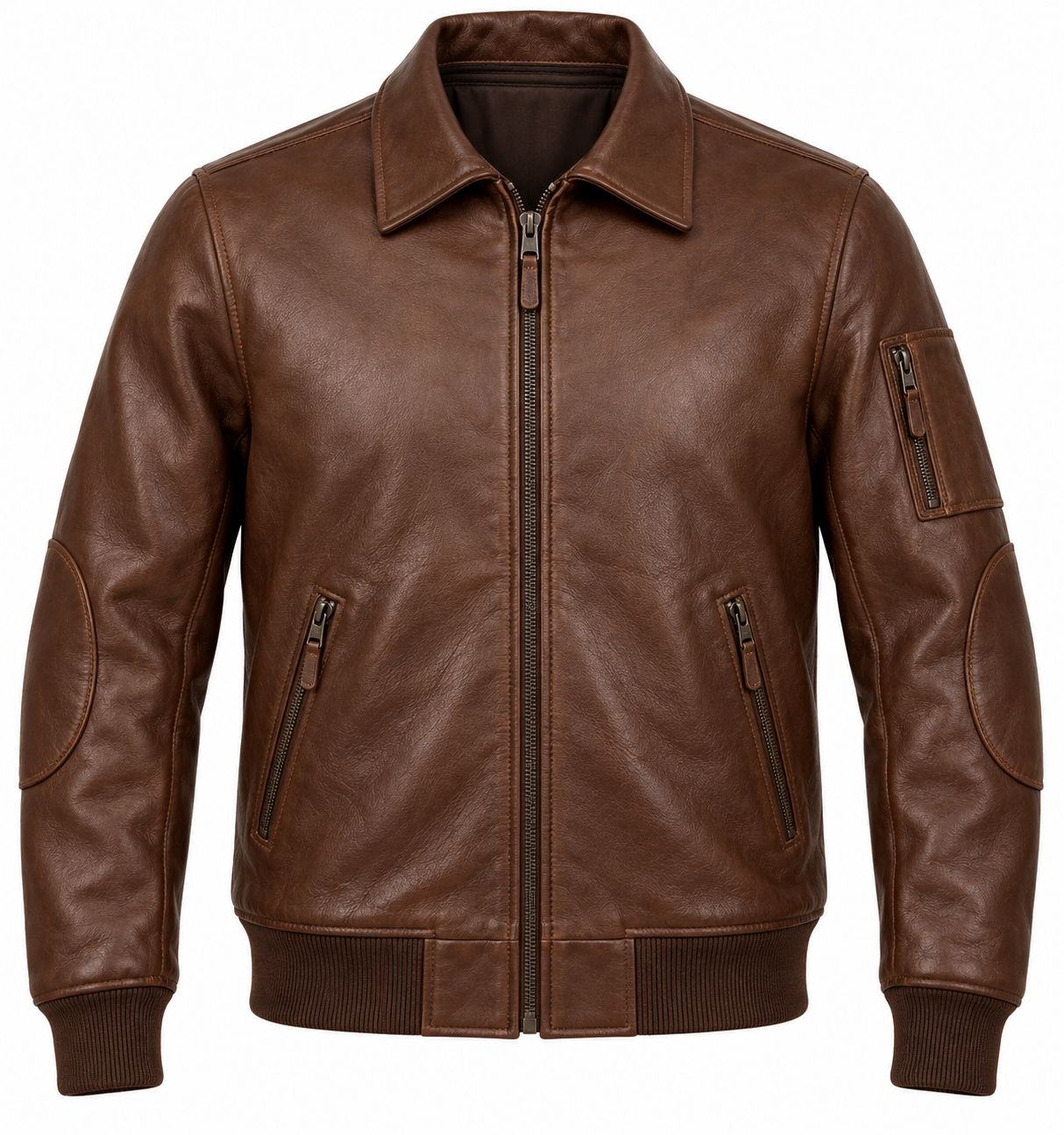 J038 brown leather jacket front view