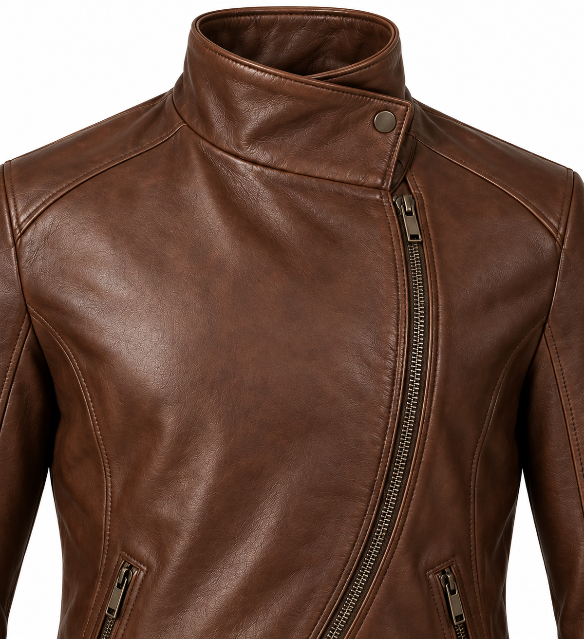 J040 brown leather jacket detail view