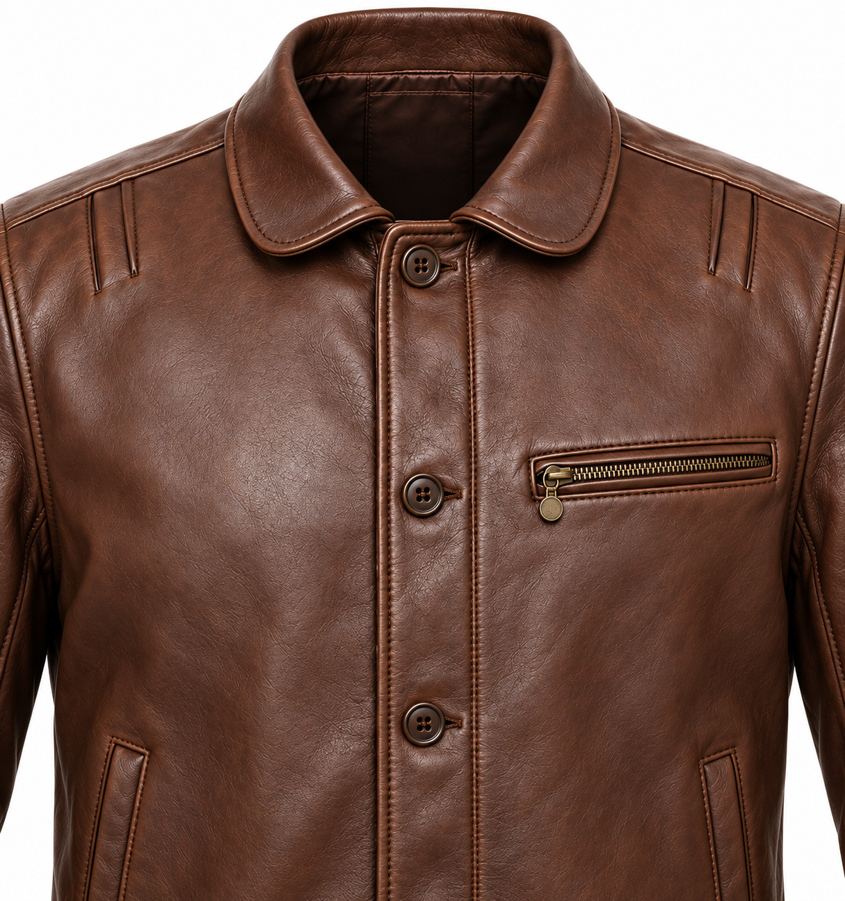 J042 brown leather jacket detail view