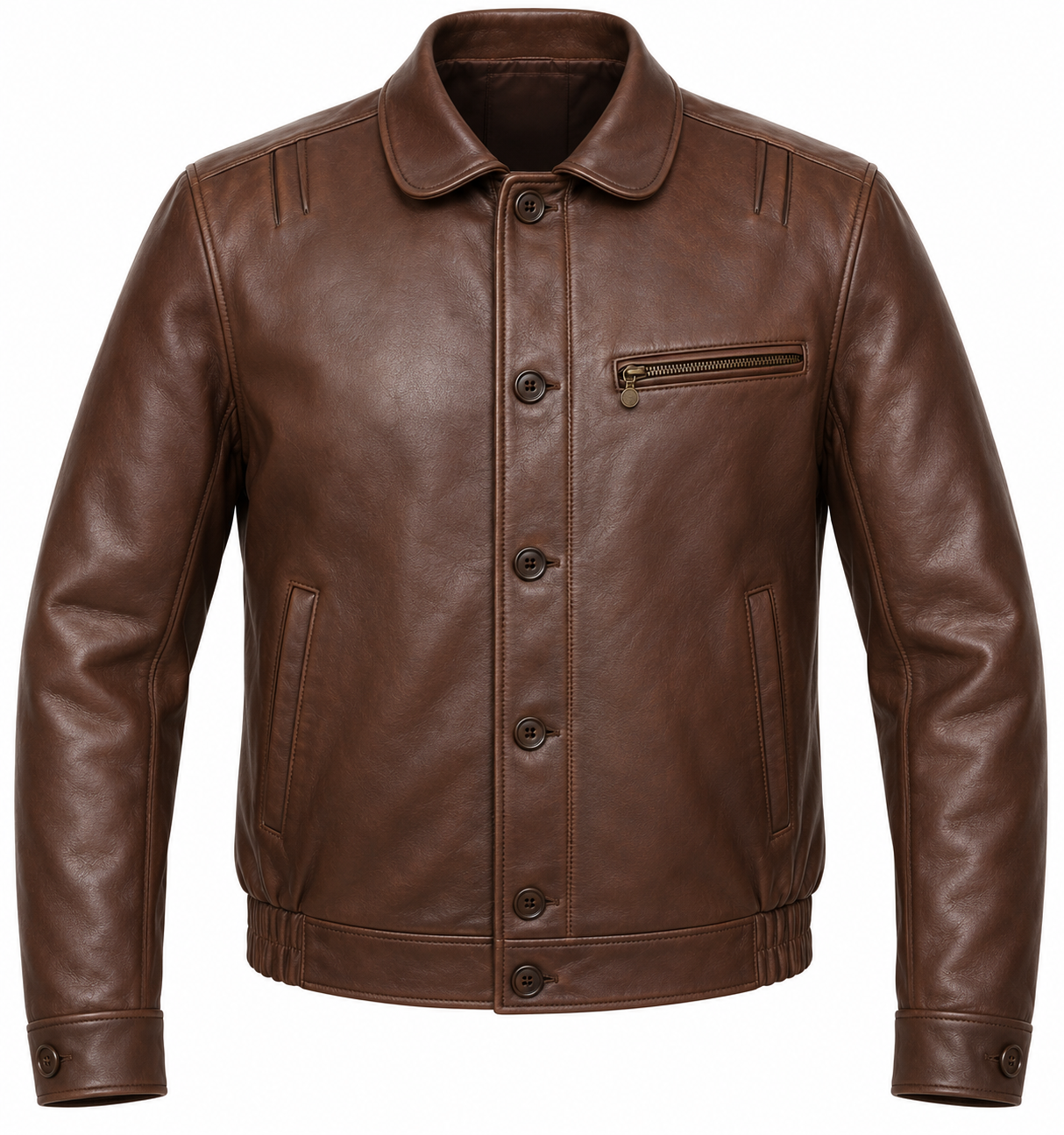 J042 brown leather jacket front view