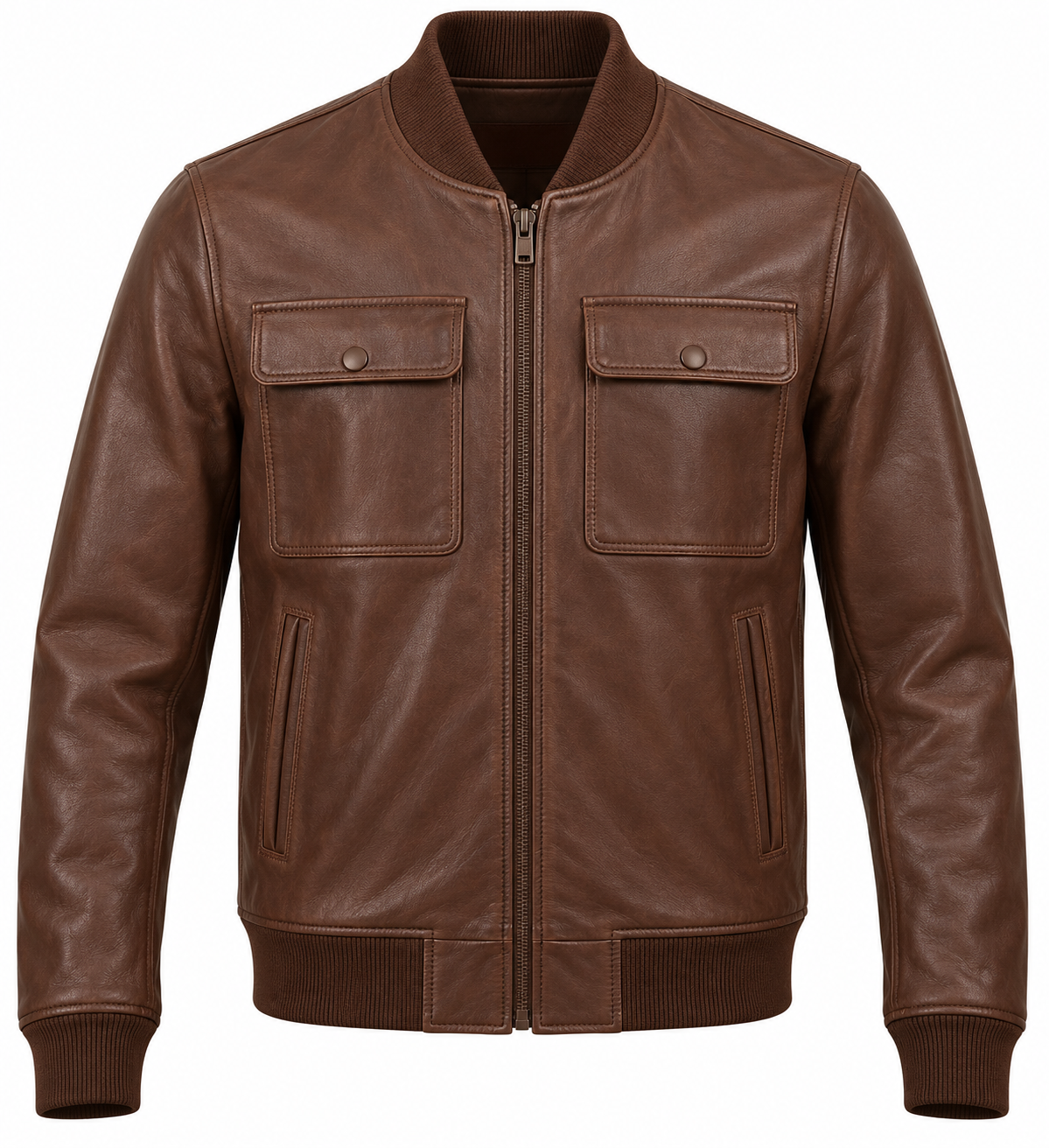 J043 brown leather jacket front view