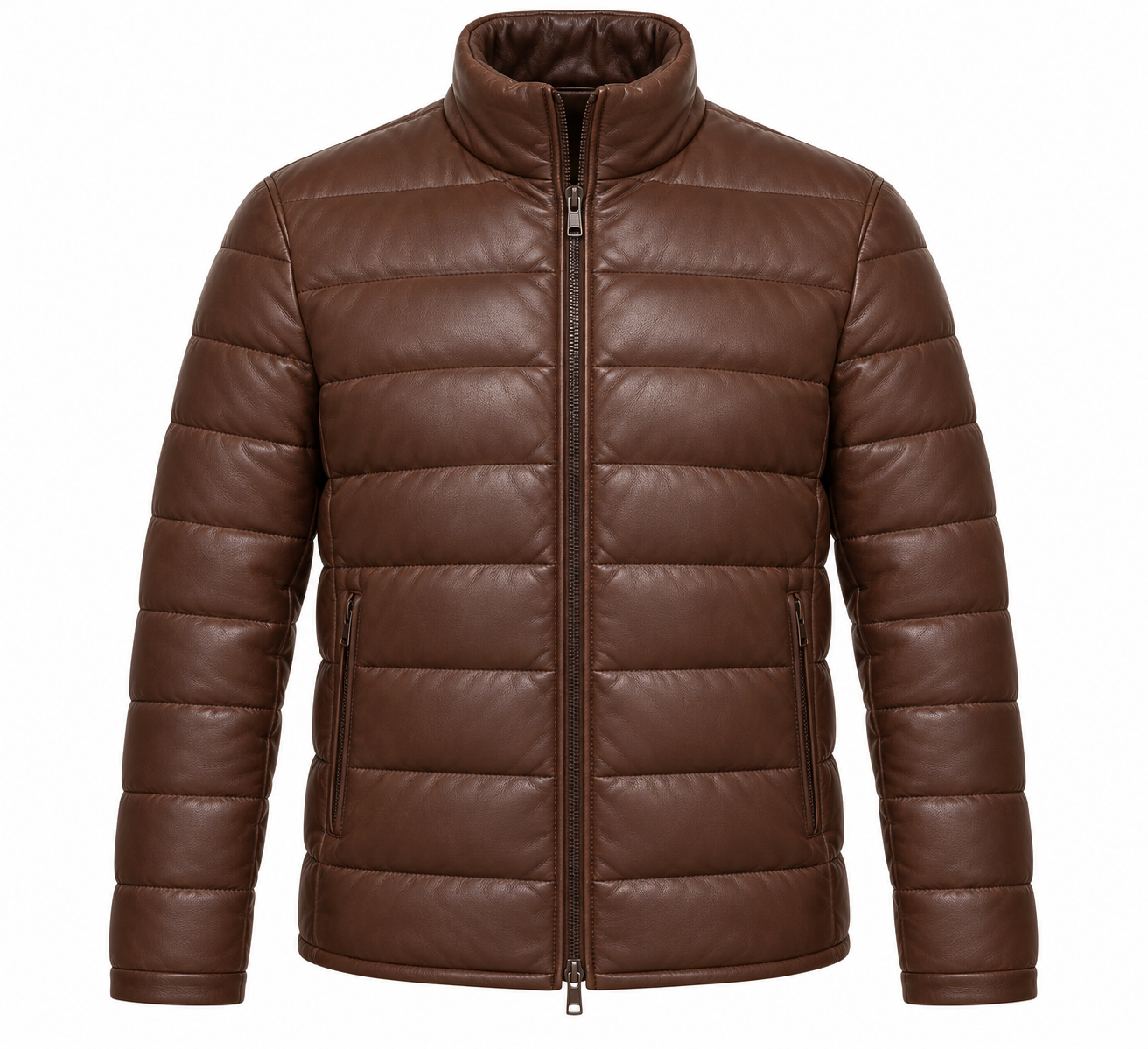 J046 brown leather jacket front view