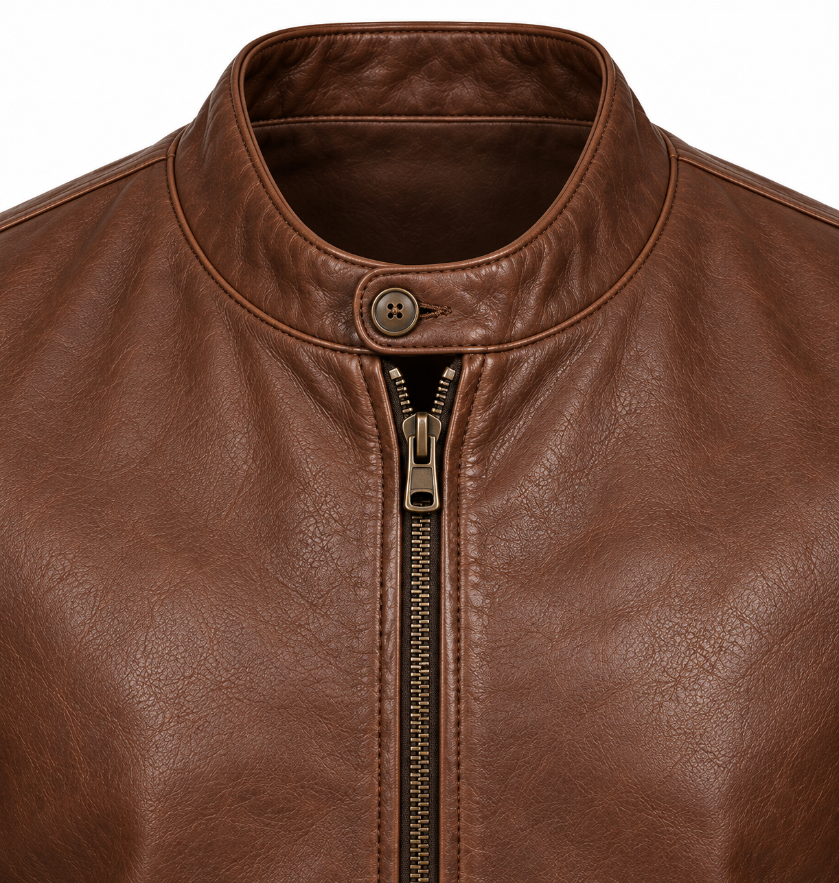 J048 brown leather jacket detail view
