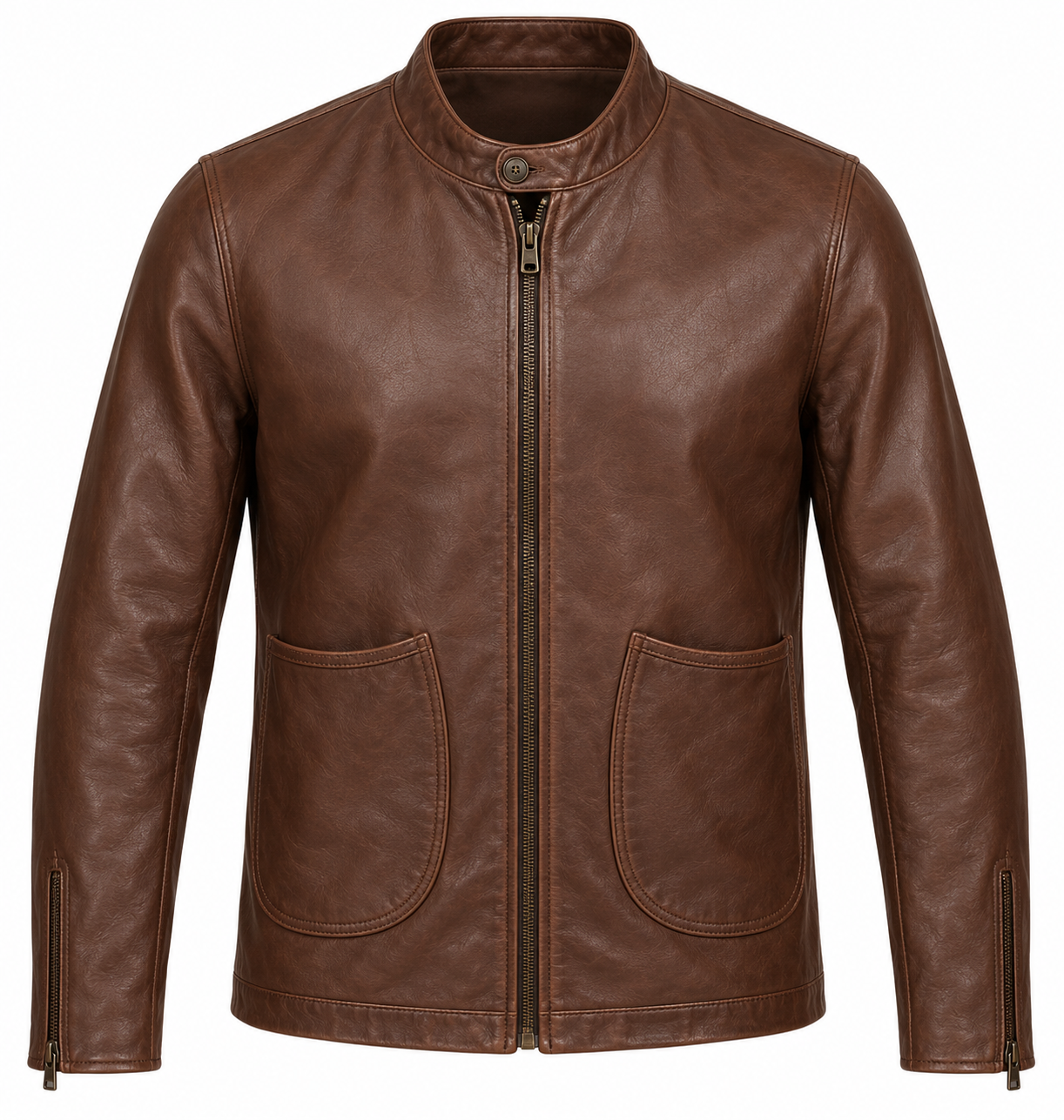 J048 brown leather jacket front view
