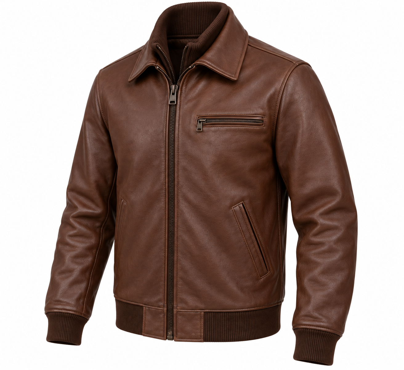 J049 brown leather jacket angle view