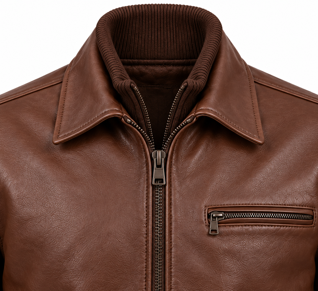 J049 brown leather jacket detail view