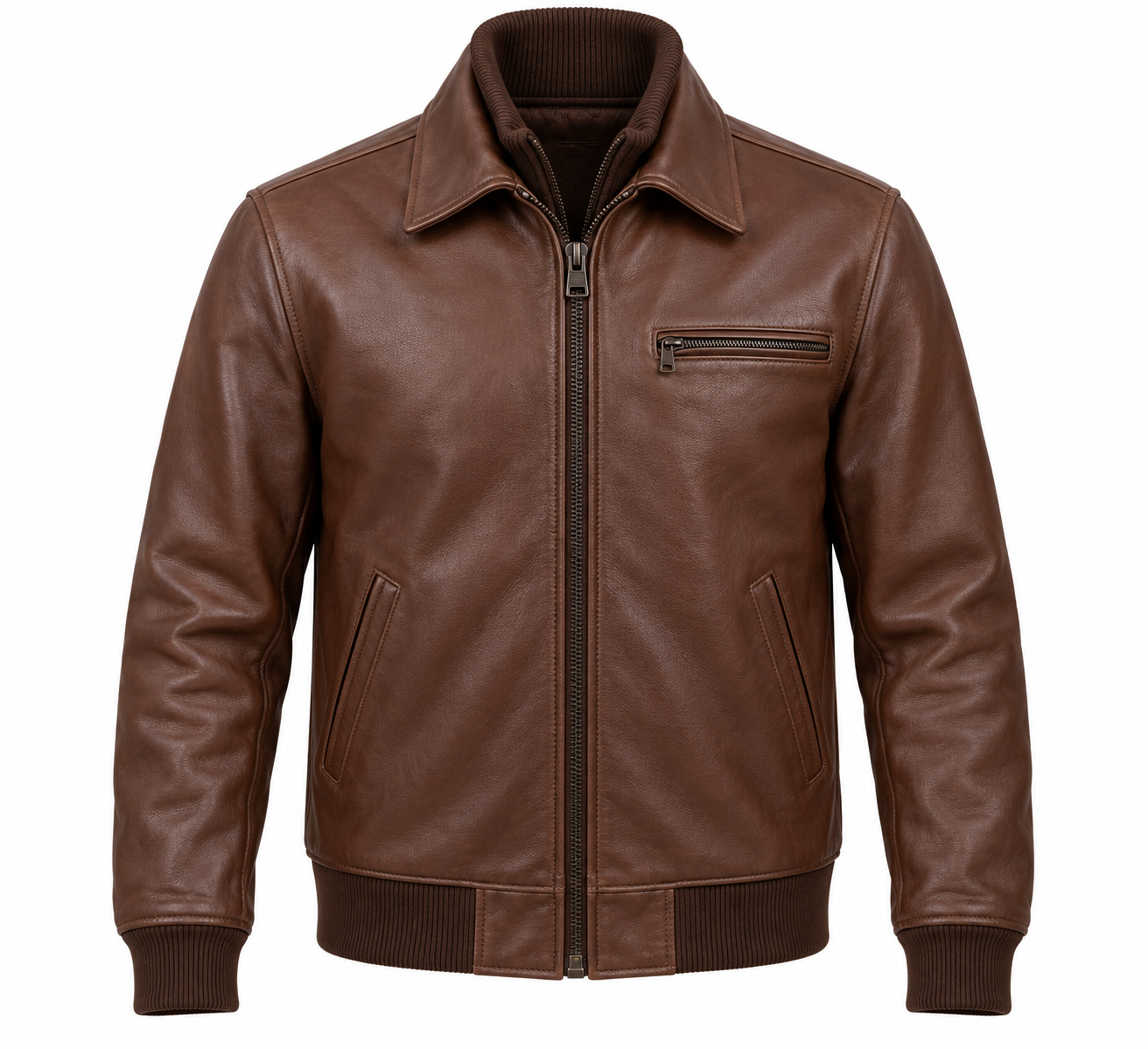 J049 brown leather jacket front view