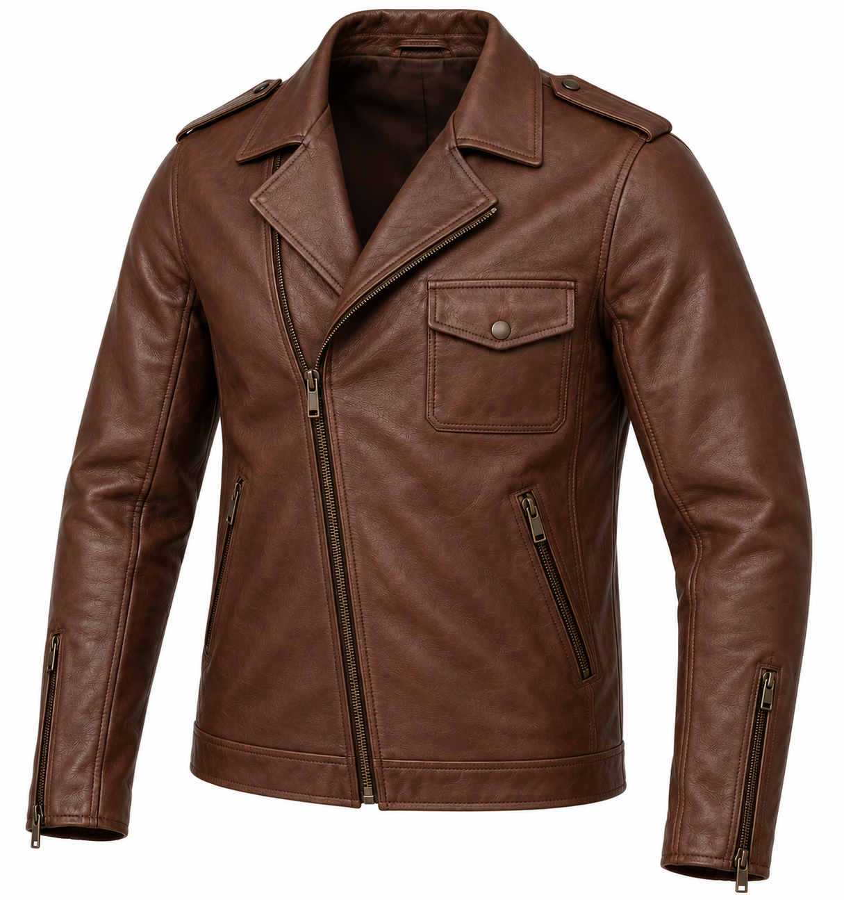 J050 brown leather jacket angle view
