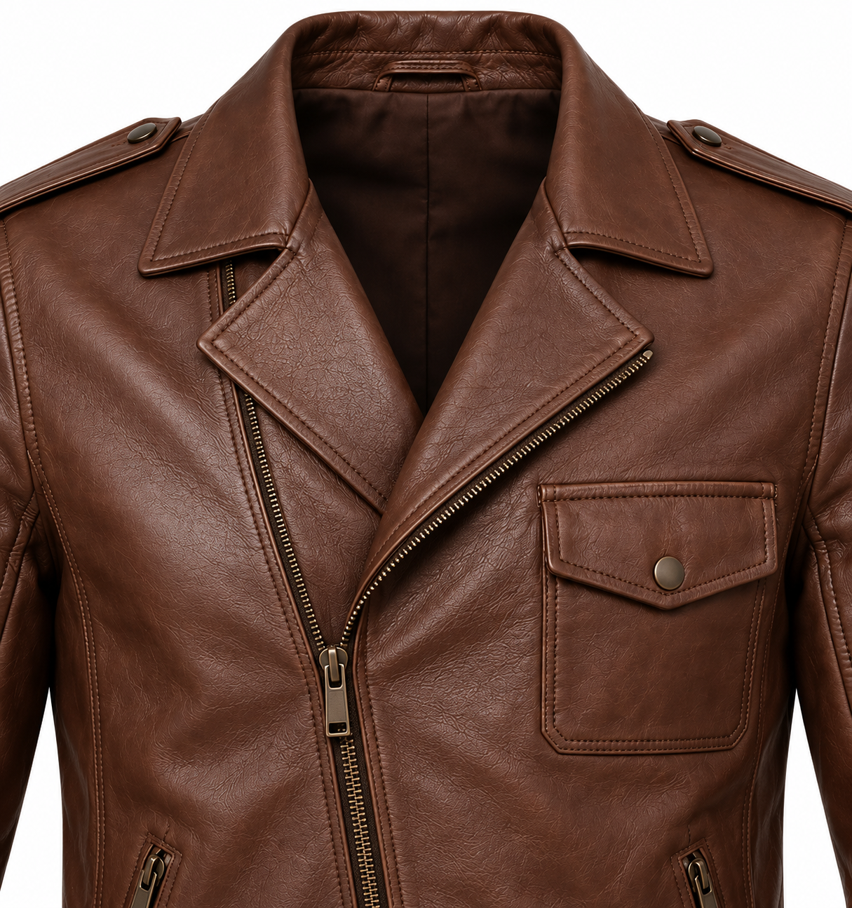 J050 brown leather jacket detail view