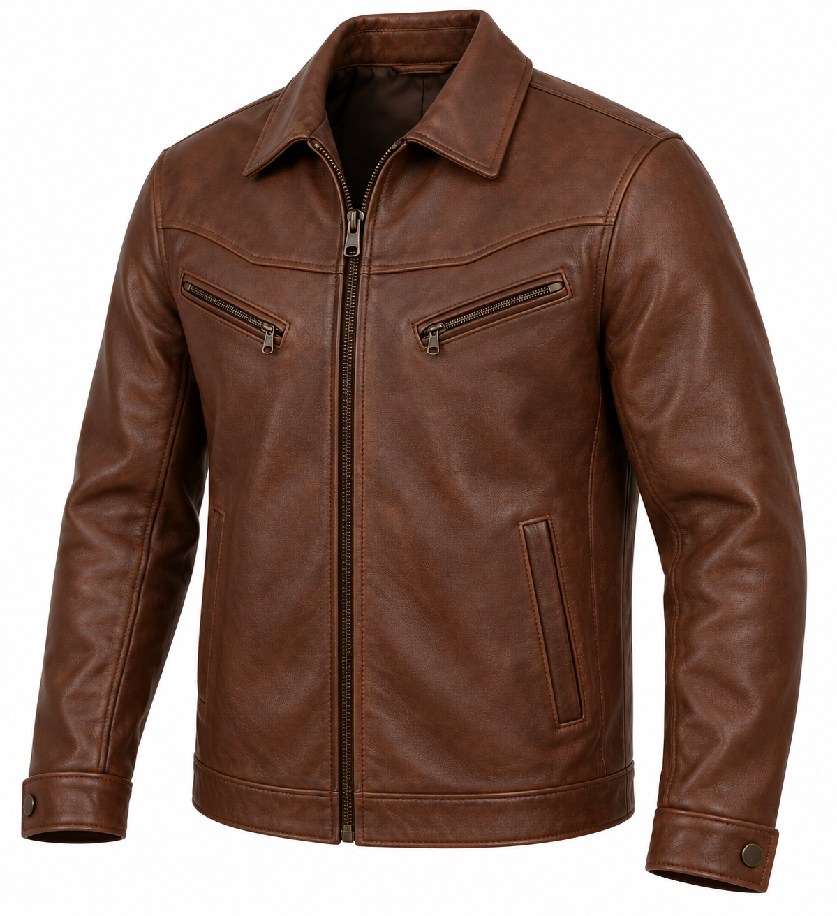 J051 brown leather jacket angle view