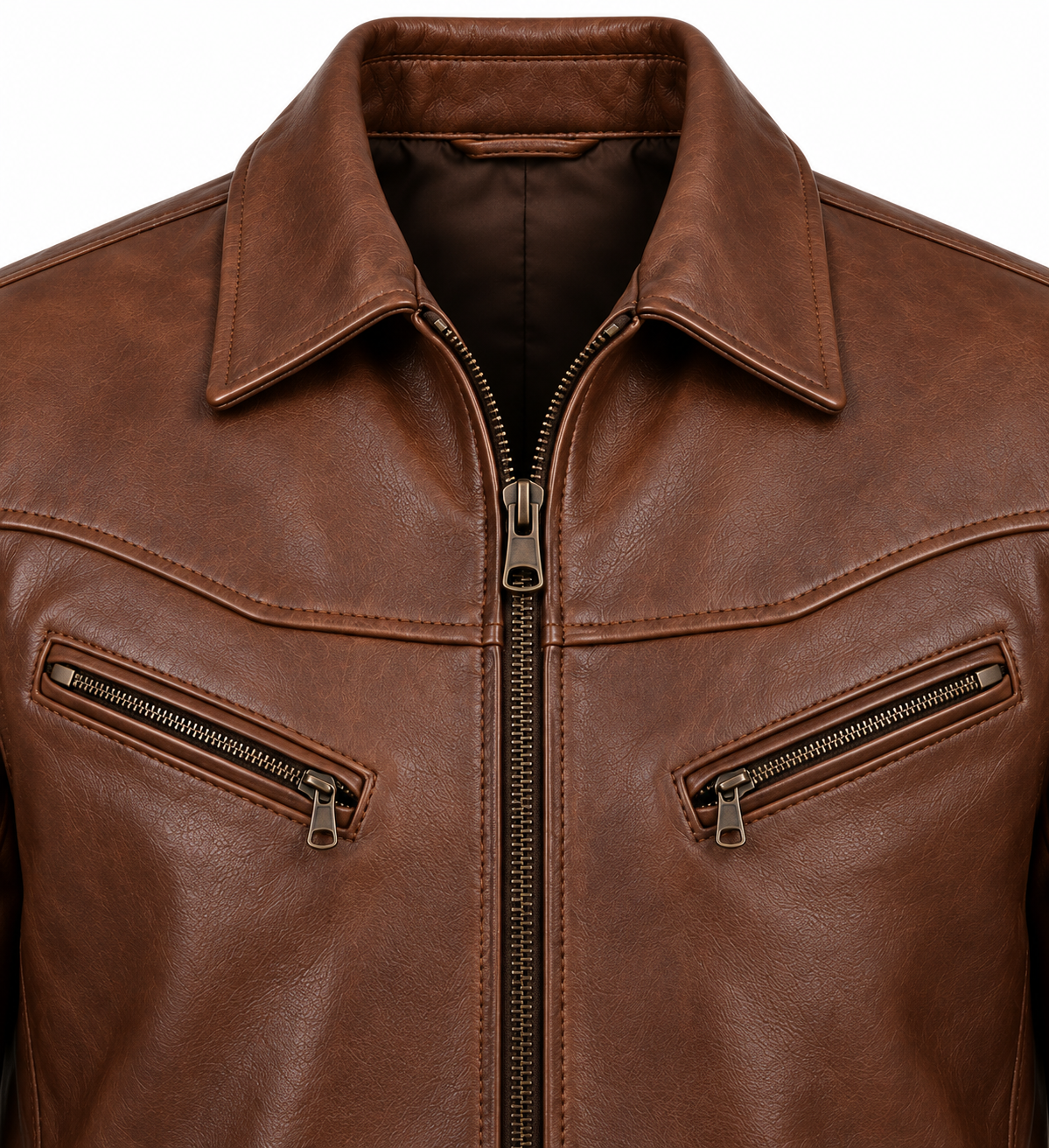 J051 brown leather jacket detail view