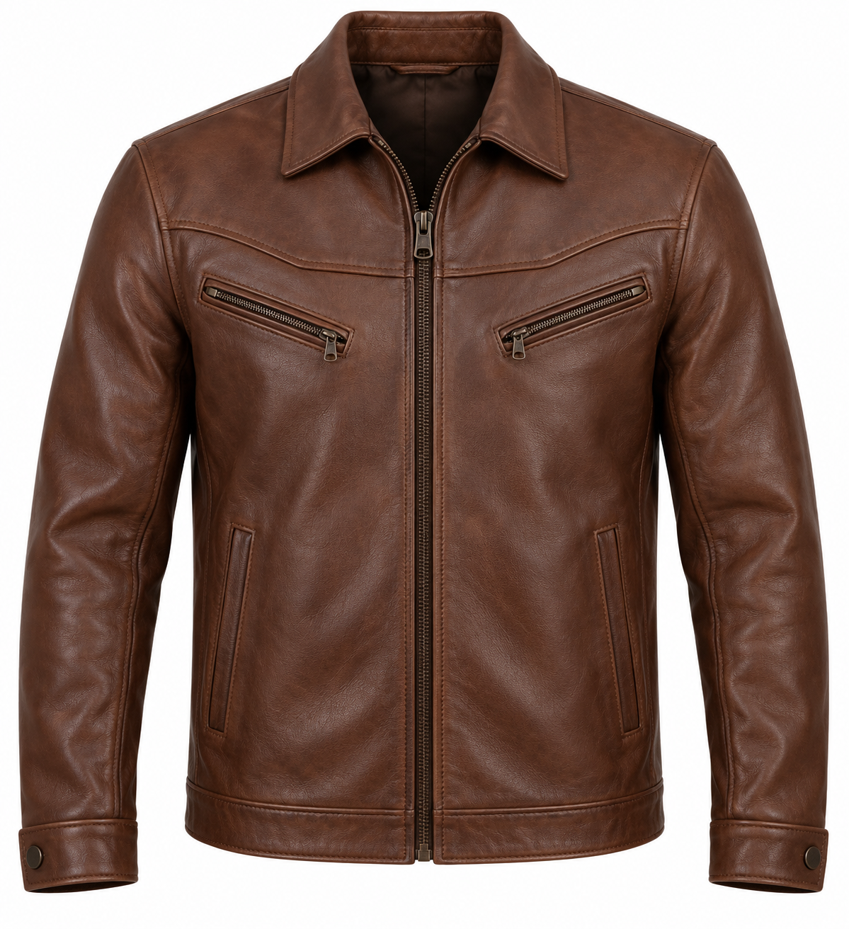 J051 brown leather jacket front view