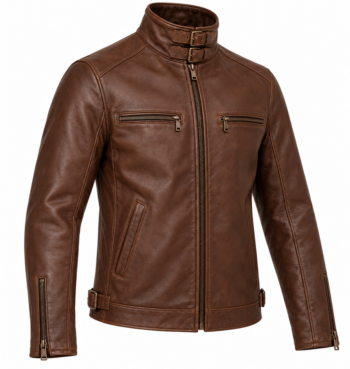 J052 brown leather jacket angle view