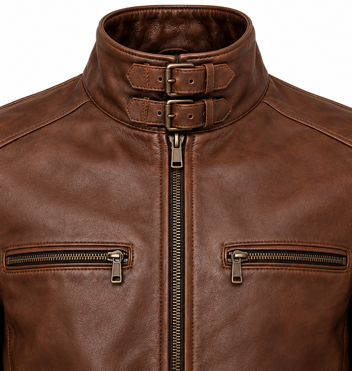 J052 brown leather jacket detail view