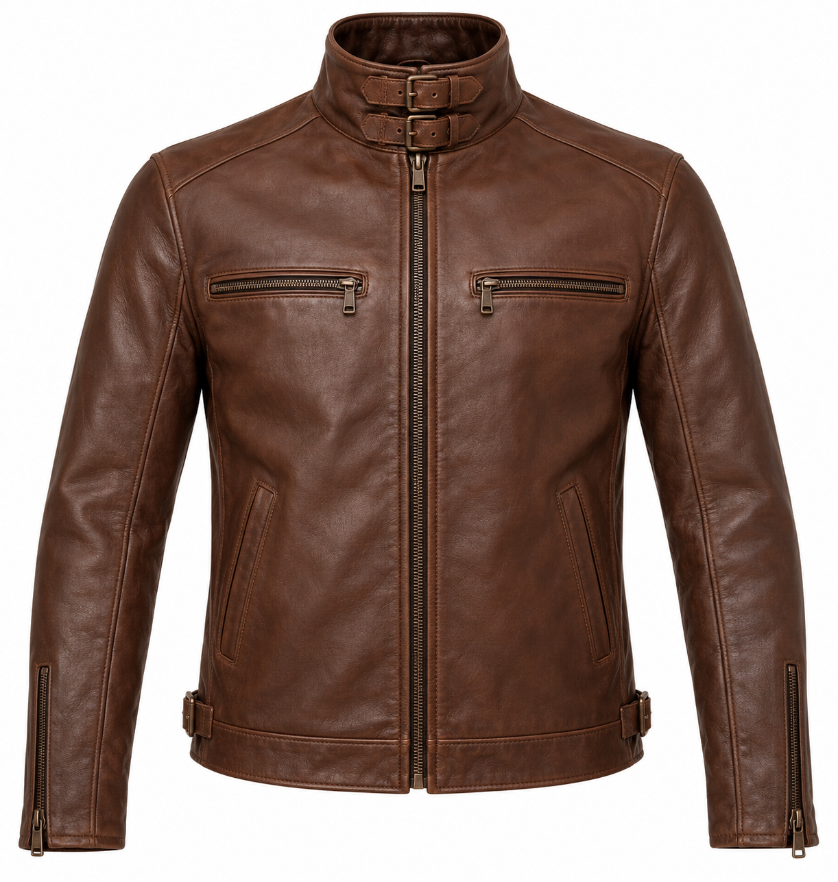 J052 brown leather jacket front view