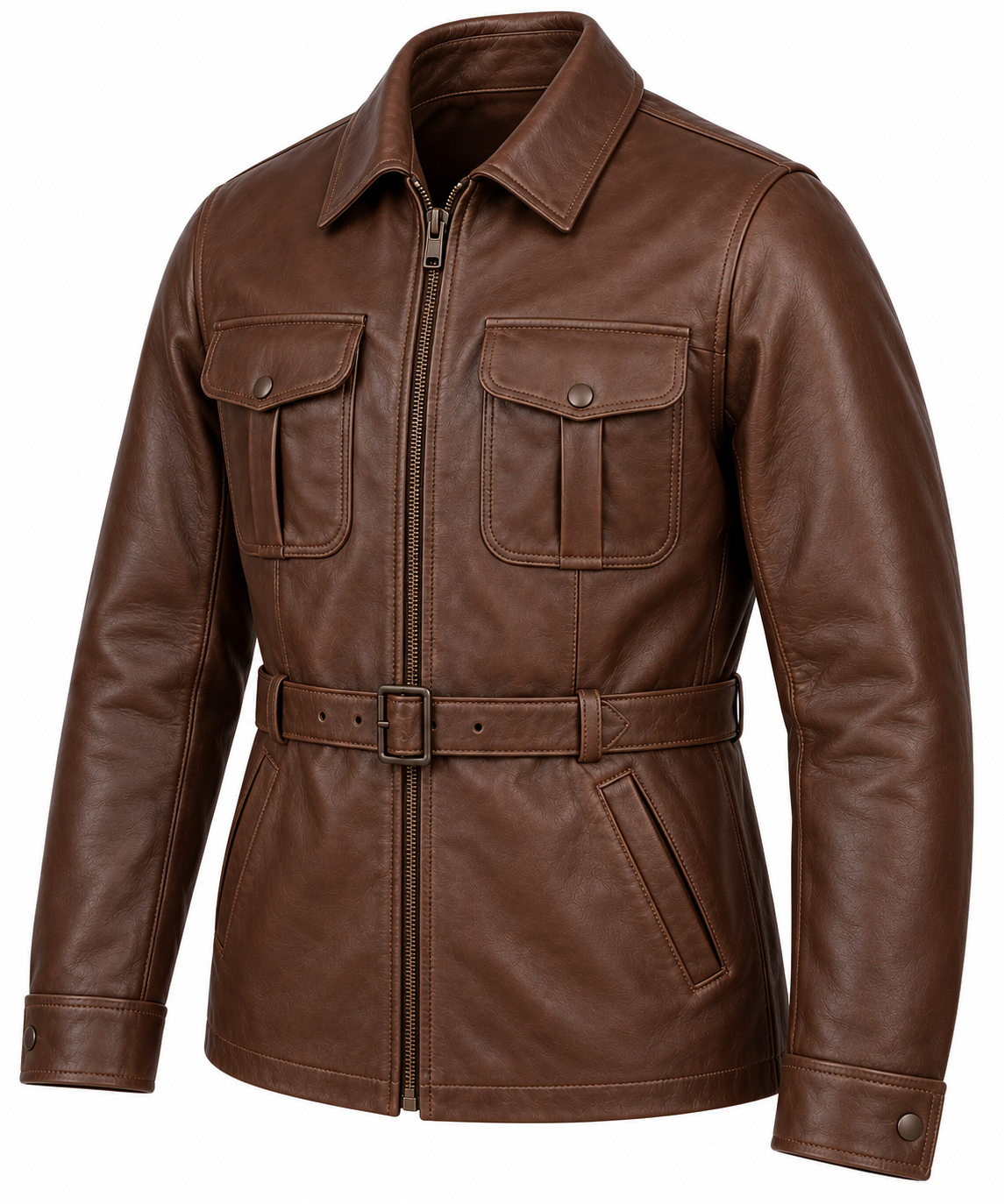 J055 brown leather jacket angle view