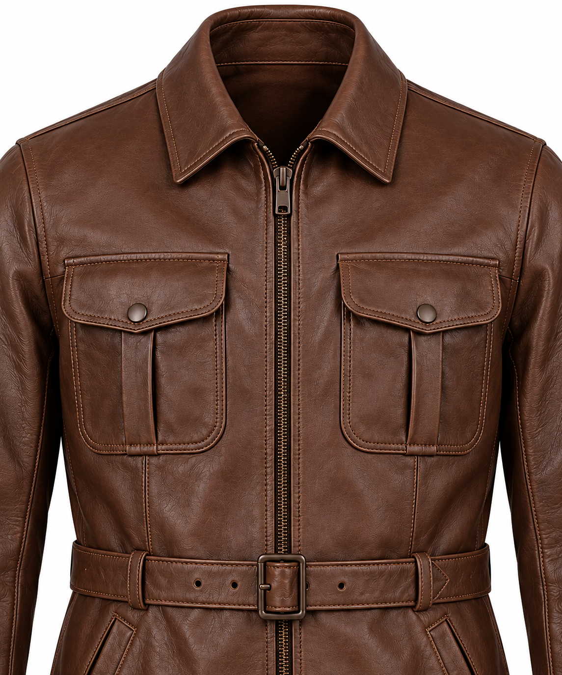 J055 brown leather jacket detail view